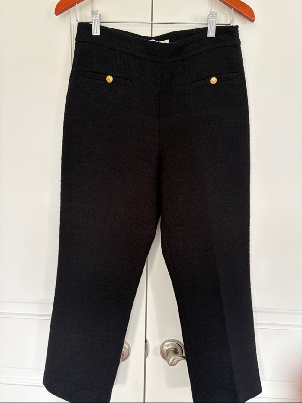 Zara Black Boucle Cropped Straight-Leg Pants with Gold Button Detail.